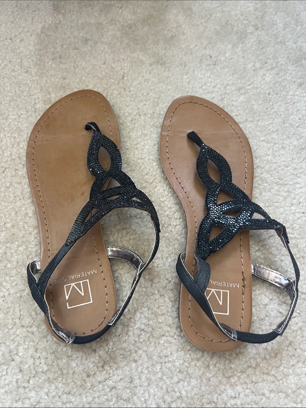Material Girl Black Glitter T-Strap Sandals